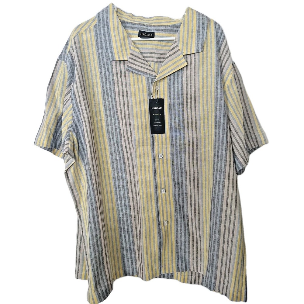 Haggar Linen Blend Yellow Gray Blue Stripe Short Sleeve Button Front Shirt 2XL